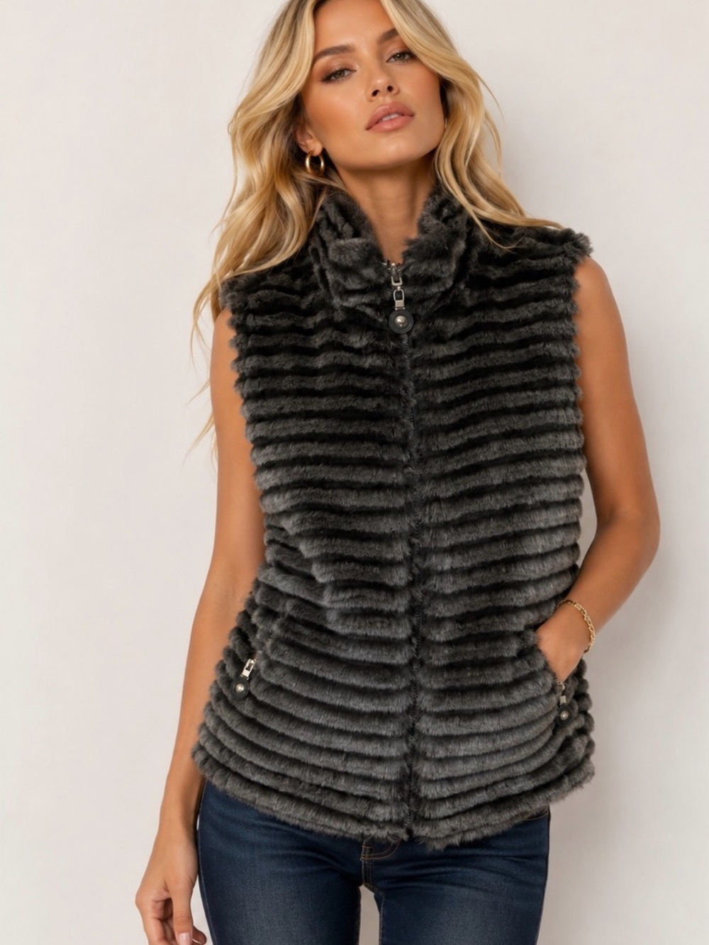 Reversible Plush Ribbed Faux Fur Vest - Charcoal Gray and Green